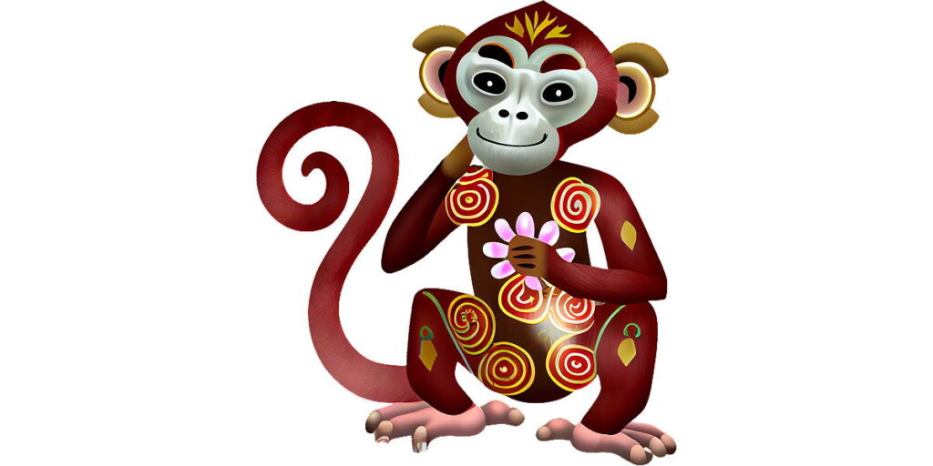 Ein animierter Affe mit bunten Verzierungen sitzt und hält eine Banane.