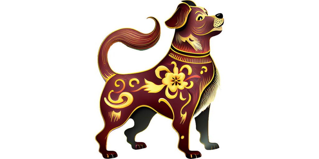 Ein farbenfrohes illustriertes Bild eines Hundes mit dekorativen Mustern und Verzierungen auf seinem Körper.