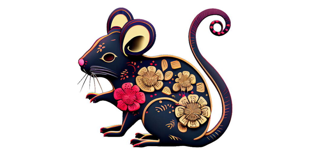 Eine bunte, stilisierte Illustration einer Maus mit floralen Mustern.