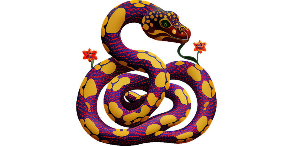 Eine bunte, stilisierte Schlange mit Mustern, die eine Blume mit dem Maul hält.