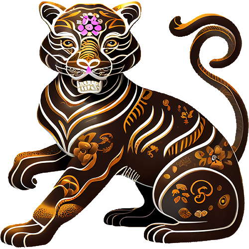 Ein grafisch gestaltetes Bild eines Tigers mit ornamentalen Mustern und Verzierungen in verschiedenen Farben.