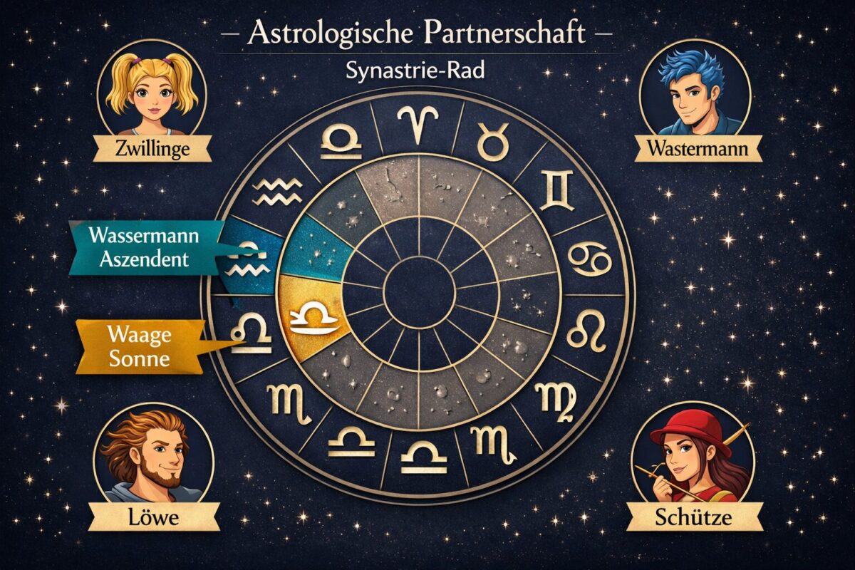() comparison chart illustration for astrology compatibility. A circular synastry wheel showing Waage Sonne-Zeichen and