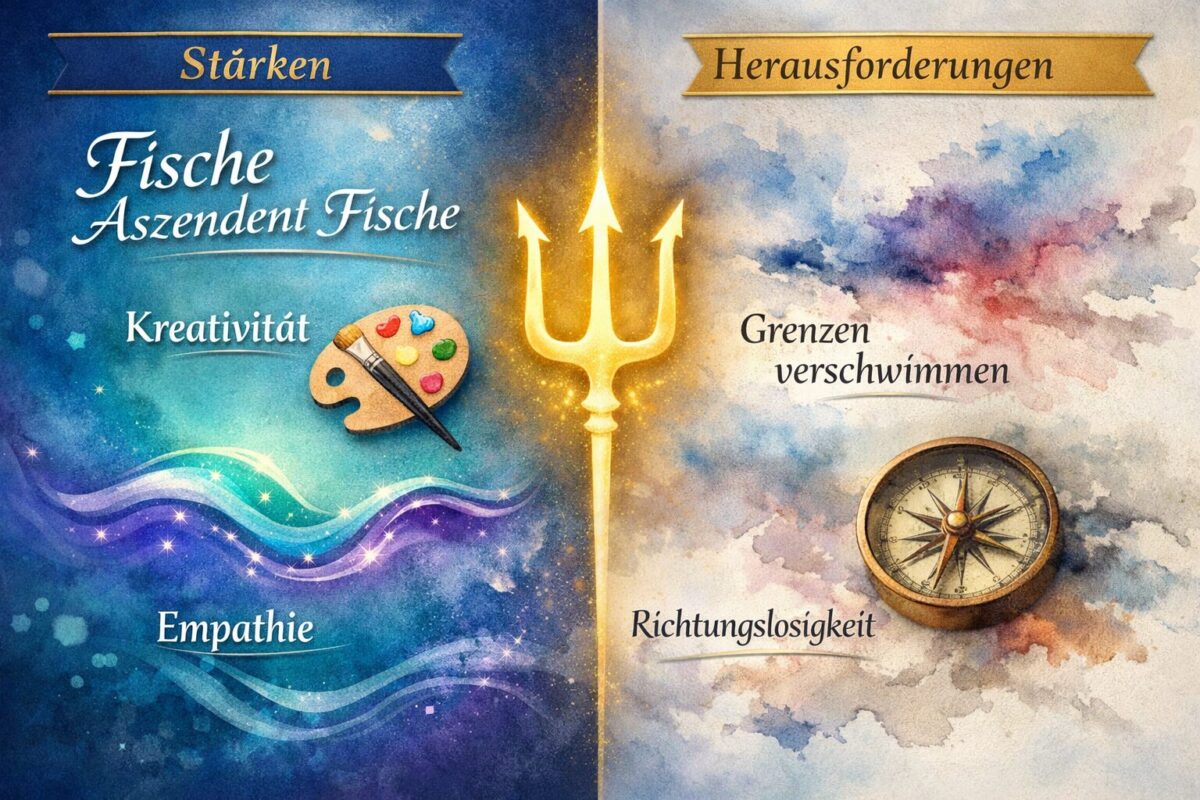 Sternzeichen Fische mit Aszendent Fische 2 () comparison-style visual showing two columns: left side depicting Fische Aszendent Fische strengths with symbols of