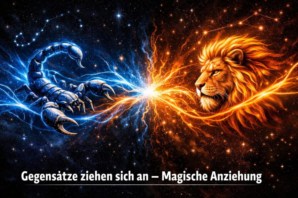 welche sternzeichen ziehen sich magisch an 2 () concept illustration depicting two opposing zodiac symbols — Skorpion and Löwe — facing each other across a dramatic