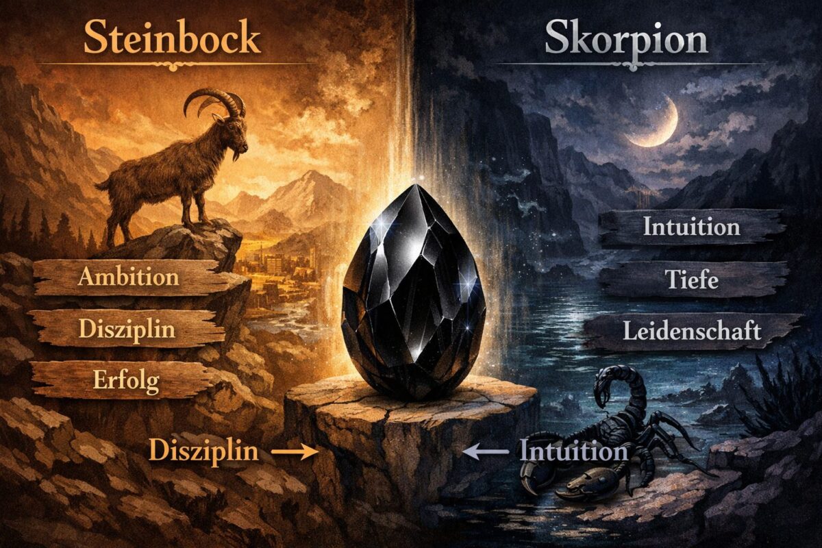 () concept illustration showing a comparison table or split visual: on one side warm earth tones representing Steinbock
