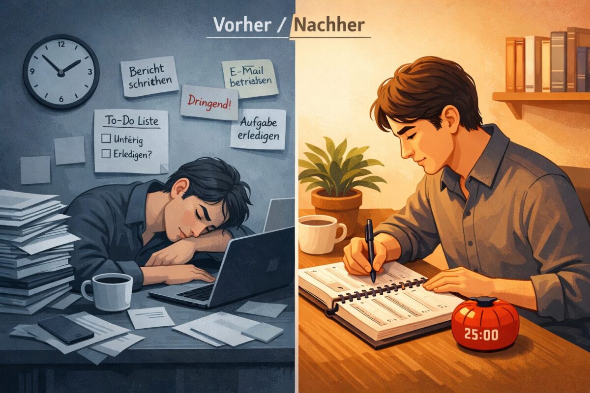 Prokrastination überwinden: Die besten Techniken gegen ständiges Aufschieben 1 () concept illustration showing a split-scene: on the left, a person slumped at a desk surrounded by sticky notes and