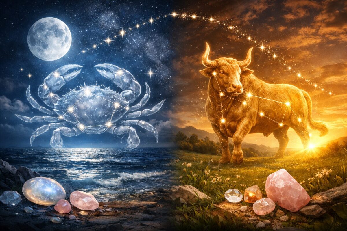 () concept illustration showing the astrological combination of Krebs (Cancer crab in soft silver-blue tones) and Stier