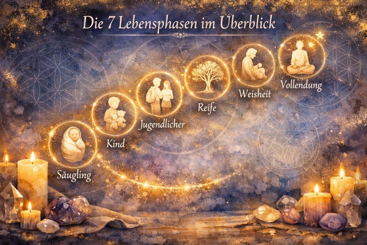 () conceptual illustration showing seven glowing circles arranged in a spiral path, each circle containing a symbolic life