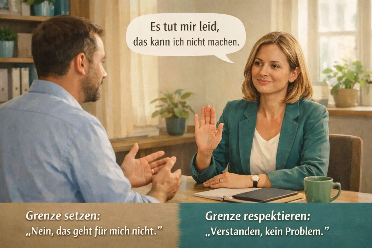Die Kunst des Neinsagens: Grenzen setzen ohne schlechtes Gewissen 1 () conceptual illustration showing two people in a professional setting, one person clearly and calmly declining a request