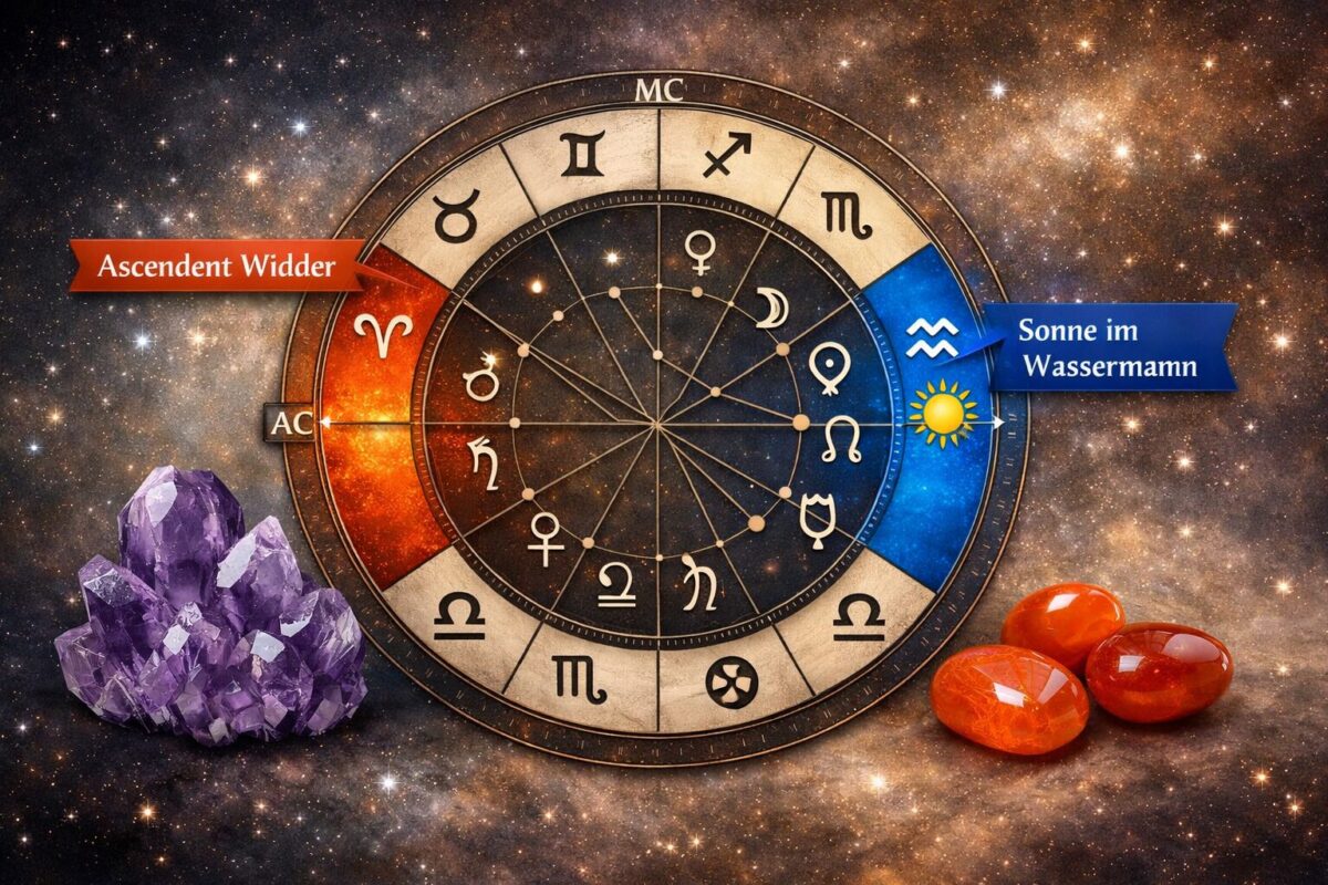 () detailed astrological chart illustration showing a Geburtshoroskop (birth chart) wheel with Wassermann as Sonnenzeichen