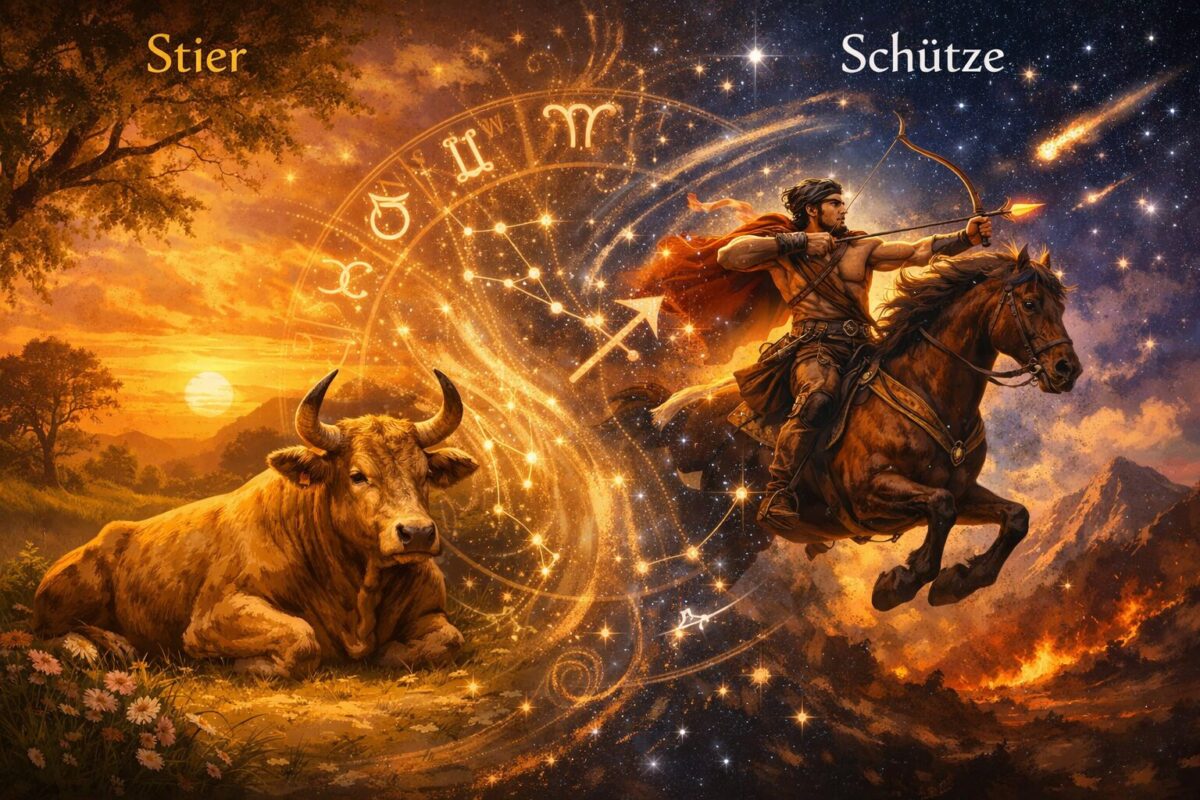 Sternzeichen Stier mit Aszendent Schütze 1 () detailed astrological concept illustration. A split cosmic scene: on the left, a serene earthy landscape with a golden