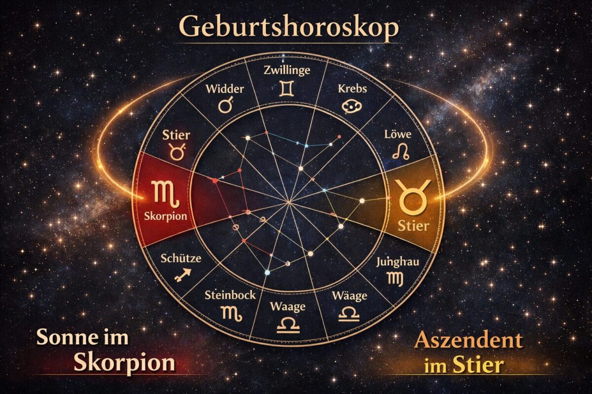 Sternzeichen Skorpion mit Aszendent Stier 1 () detailed astrology chart illustration showing a natal chart wheel with Skorpion (Scorpio) sun sign and Stier (Taurus)