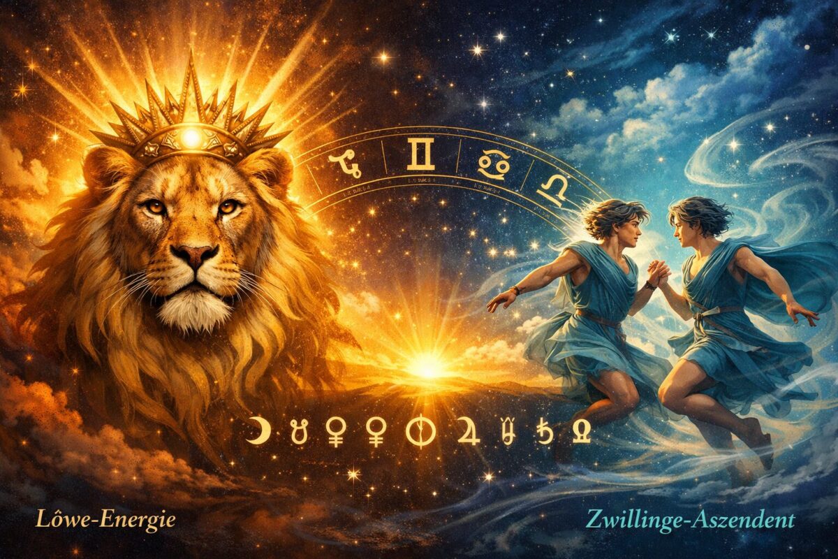 () detailed astrology concept illustration showing a split composition: left side features a regal lion with a solar crown