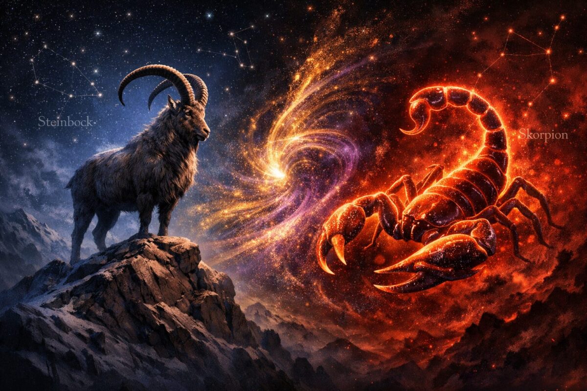 () detailed astrology illustration showing two contrasting energies merging: a stoic mountain goat standing on a rocky