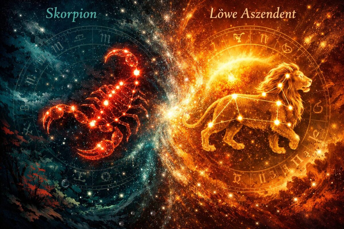 Sternzeichen Skorpion mit Aszendent Löwe 1 () detailed illustration showing a split cosmic portrait: left half features deep water imagery with a scorpion