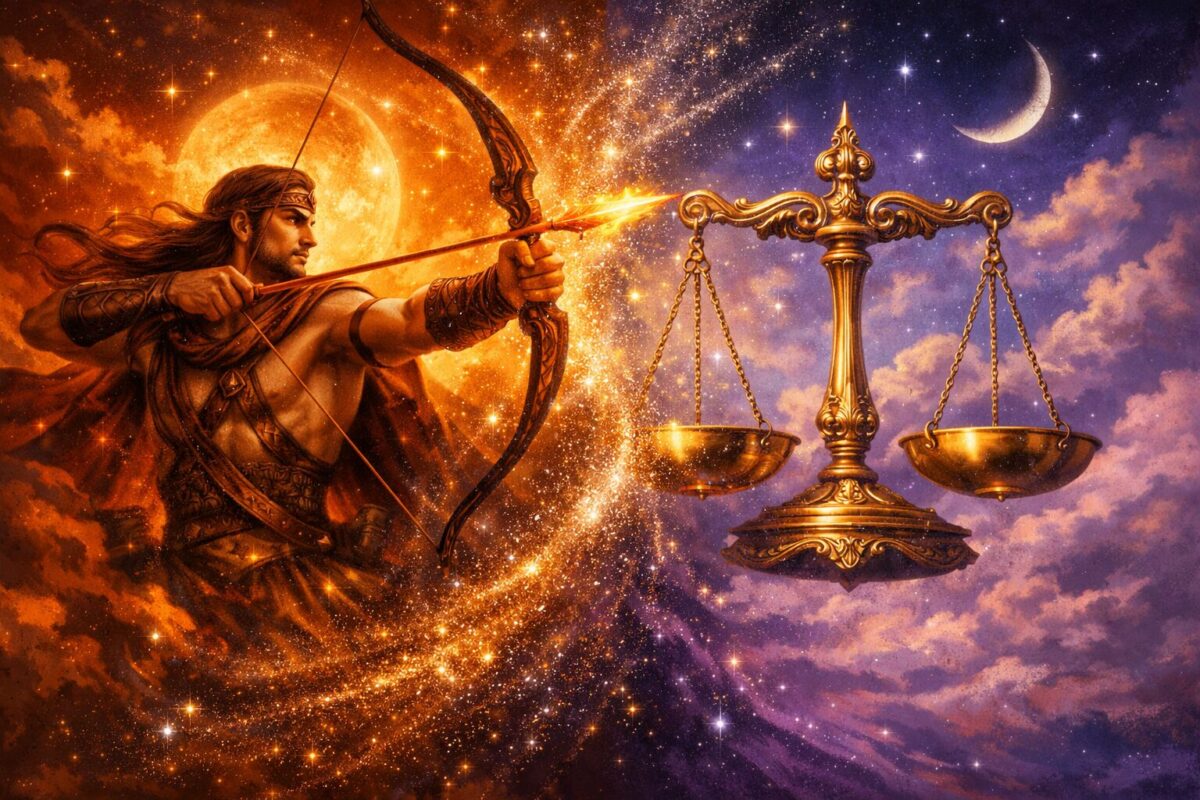 Sternzeichen Schütze mit Aszendent Waage 1 () detailed illustration showing a split cosmic portrait: on the left half, a fiery archer (Schütze/Sagittarius) in warm