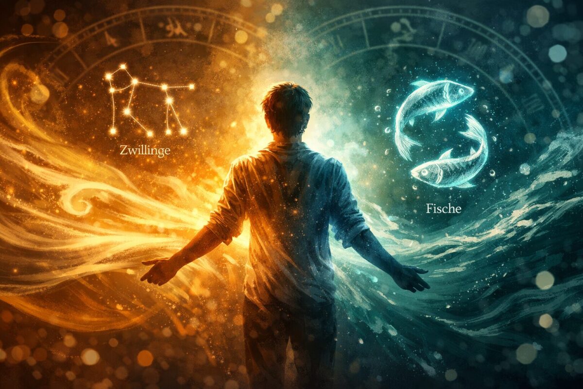 () detailed illustration showing a symbolic portrait of a person standing at the intersection of air and water elements.