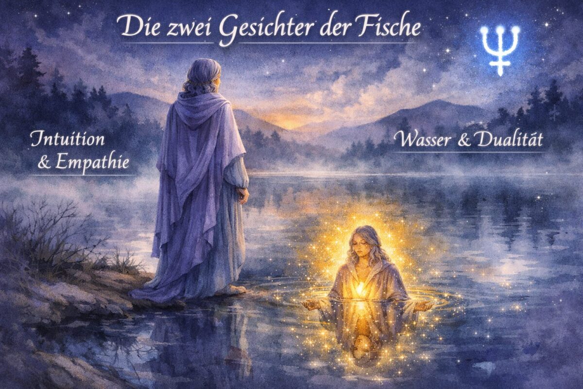 Sternzeichen Fische mit Aszendent Fische 1 () detailed illustration showing the dual Fische personality: a serene figure in soft violet and blue robes standing at the