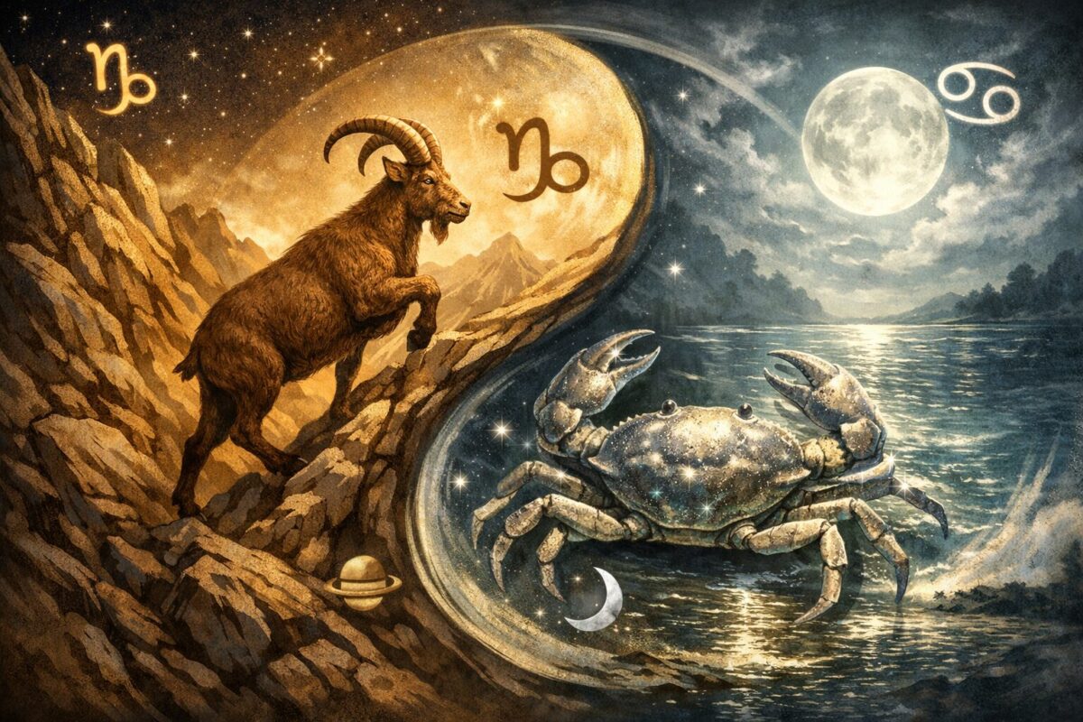 () detailed illustration showing the dual nature of Steinbock-Aszendent-Krebs personality. Left side: a disciplined mountain