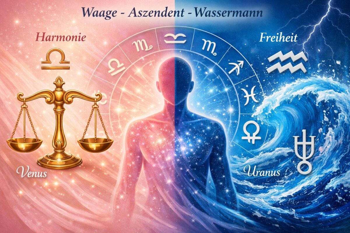 () detailed illustration showing the dual nature of Waage-Aszendent-Wassermann personality. Left half: elegant Waage scales