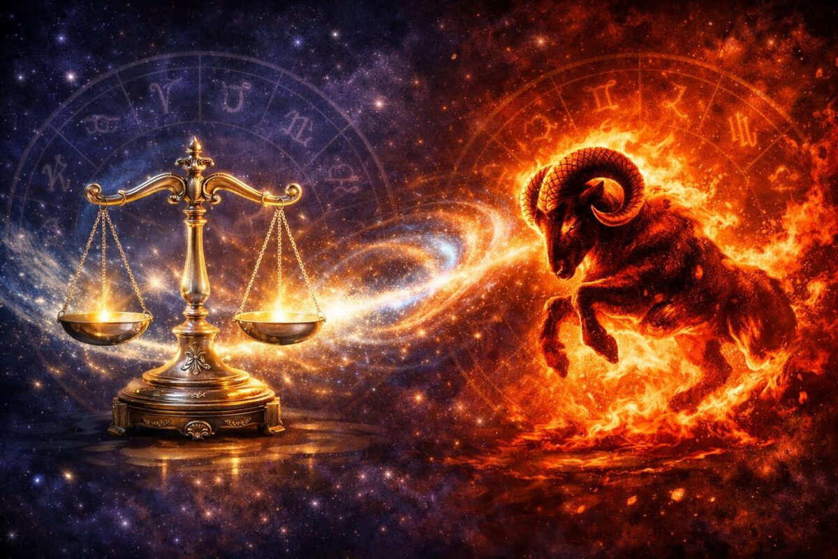 Sternzeichen Waage mit Aszendent Widder 1 () detailed illustration showing the duality of Waage and Widder energies: a balanced scale on one side glowing in soft gold