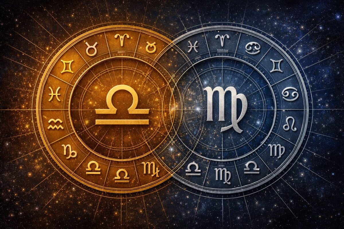 () detailed illustration showing two overlapping astrological wheels — one in warm gold representing Waage (Libra), one in