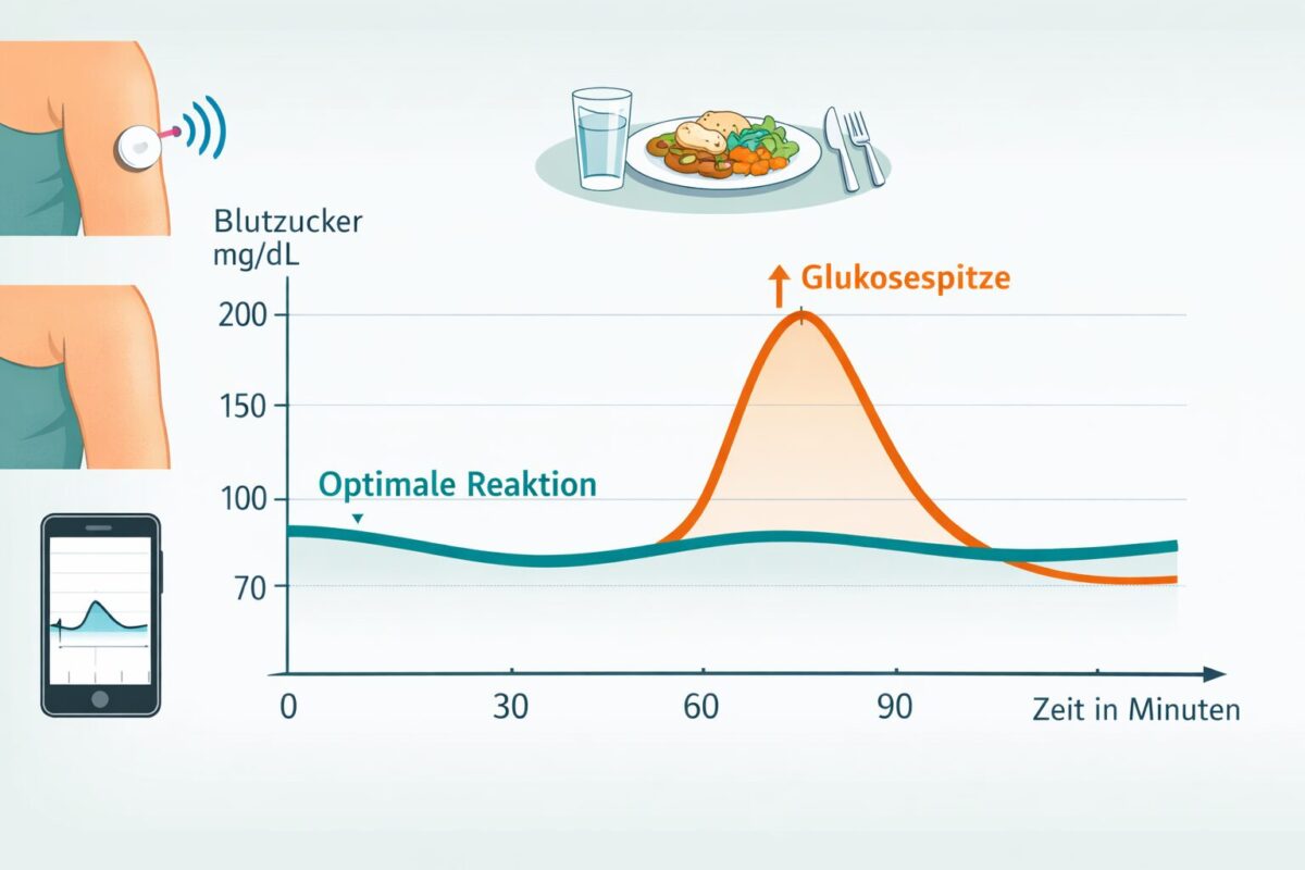 () detailed infographic-style illustration showing a cross-section comparison of blood glucose response curves after