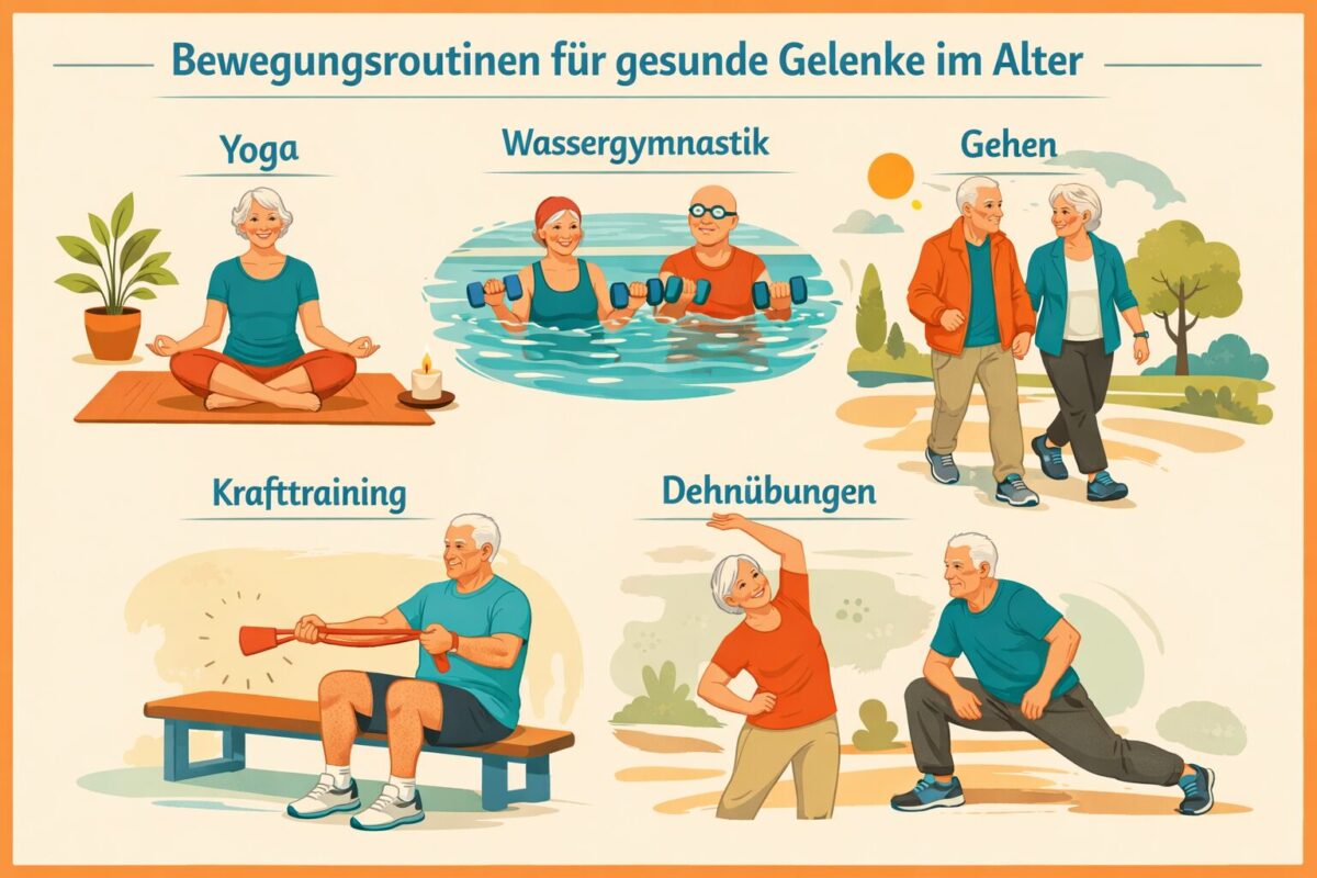 () detailed infographic-style illustration showing five distinct movement routines for joint health in older adults: yoga