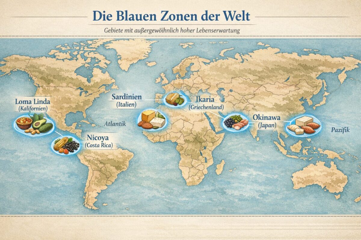 () detailed infographic-style illustration showing the five Blue Zones on a world map: Sardinien (Italien), Okinawa (Japan),