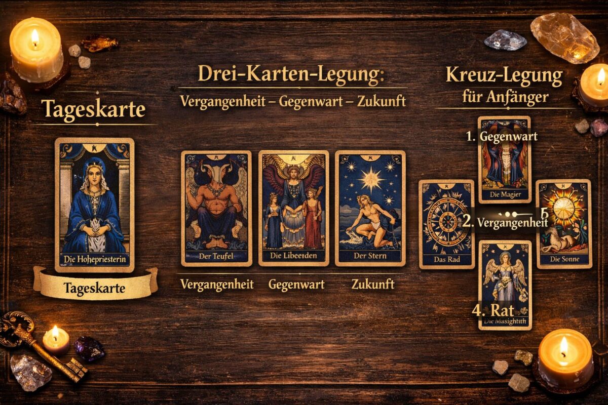 Tarotkarten legen: Die vollständige Anleitung für Anfänger und Fortgeschrittene 1 () detailed instructional illustration showing three Tarot card spreads side by side on a dark wooden table: a single card