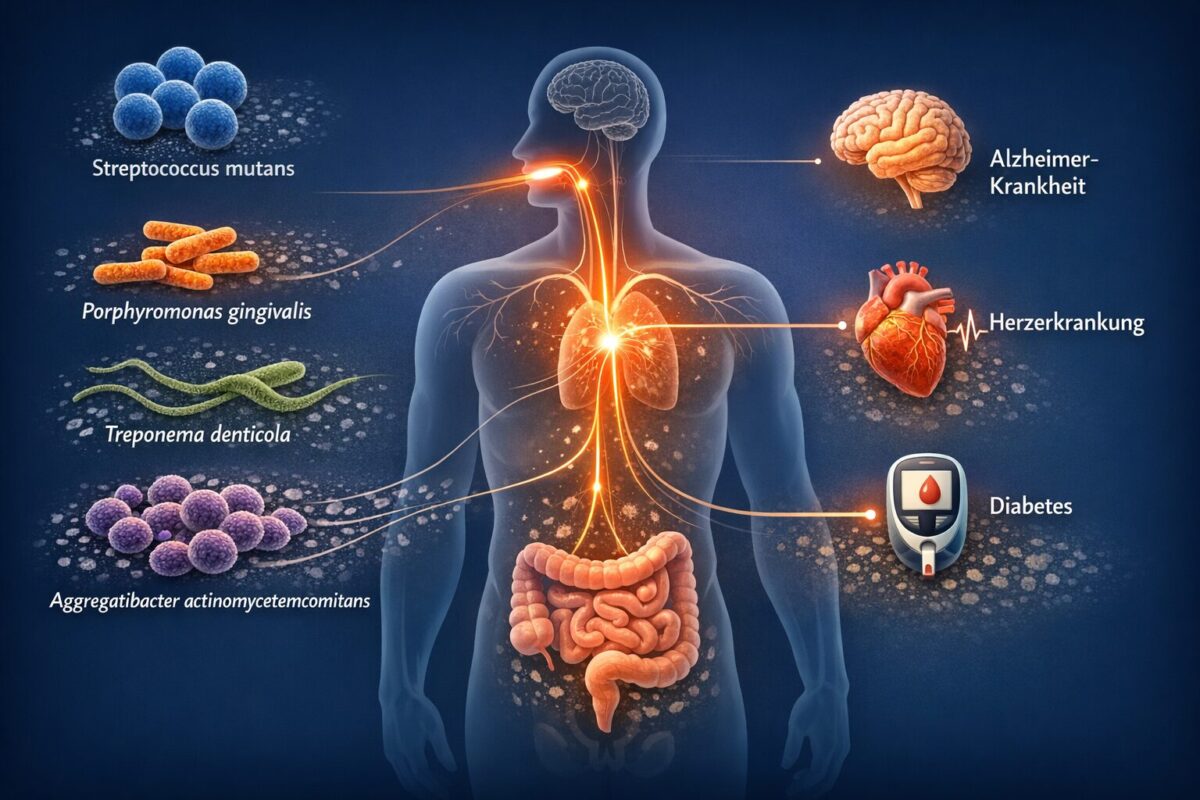 Orales Mikrobiom: Warum Zahngesundheit über deine Lebensspanne entscheidet 1 () detailed scientific infographic illustration showing the oral-systemic connection: a central human silhouette with