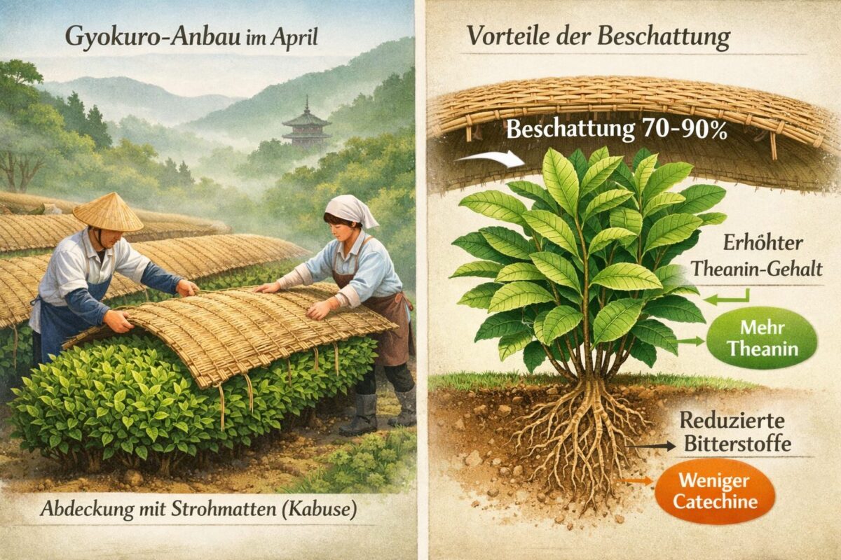 () detailed split-scene infographic illustration showing the Gyokuro shading process: left panel depicts Japanese tea