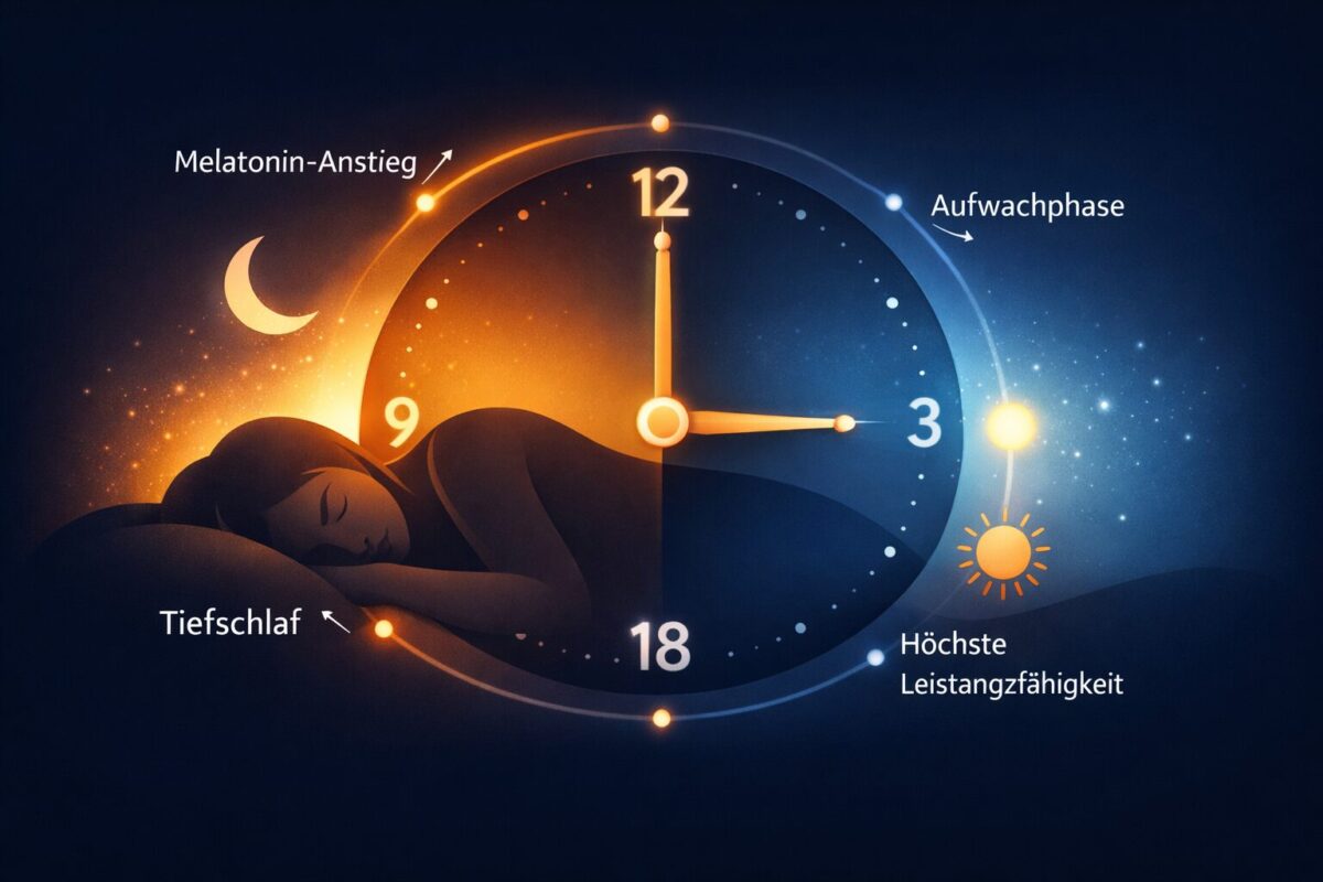 () editorial illustration showing a human circadian rhythm diagram as a soft-glow infographic on a dark navy background. A