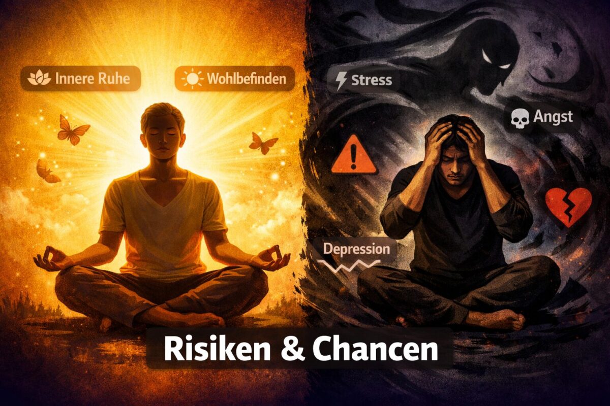 () editorial illustration showing a split composition: left side depicts a calm meditating figure in warm golden light