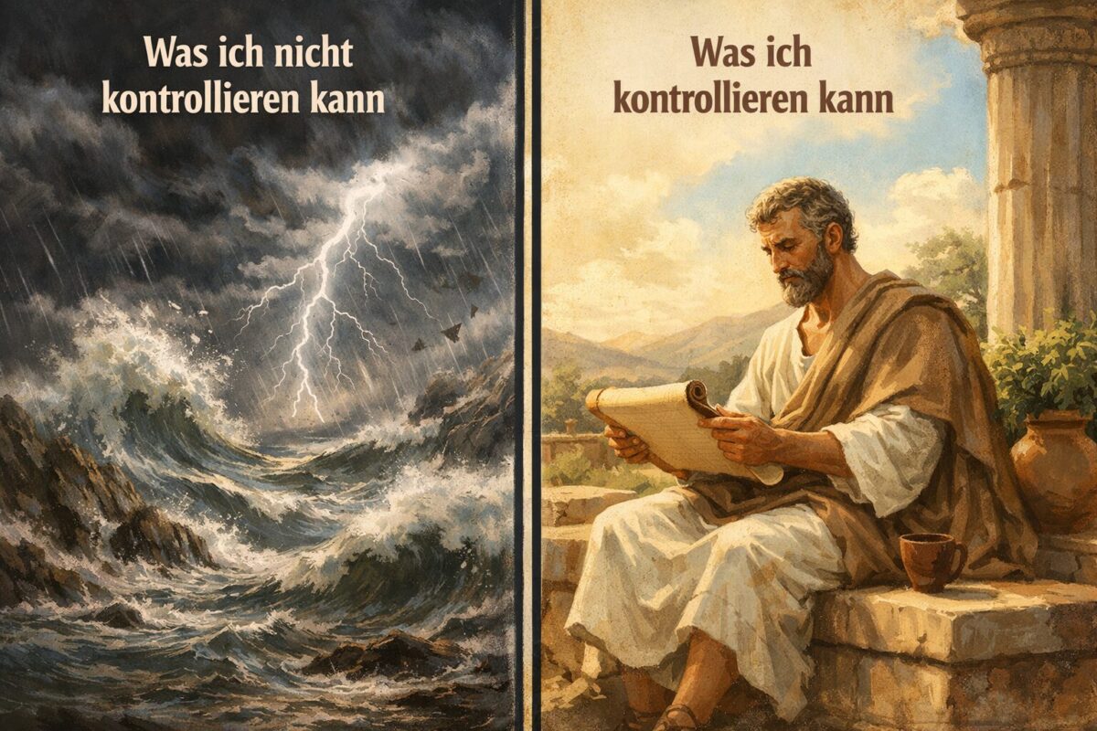 () editorial illustration showing a split composition: left side depicts a turbulent storm with dark clouds and crashing