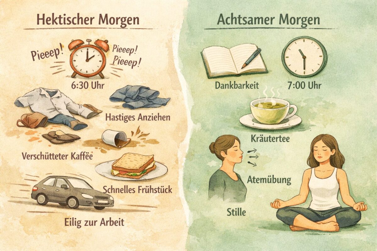 Achtsamkeit im Alltag: 10 kleine Rituale für mehr innere Ruhe 1 () editorial illustration showing a split daily routine timeline: left side depicts a chaotic rushed morning with scattered