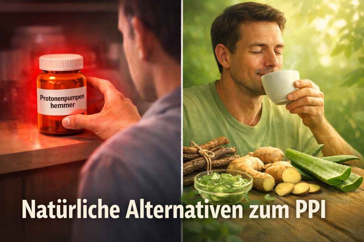 () editorial illustration showing a split-scene comparison: left side depicts a person reaching for a prescription pill