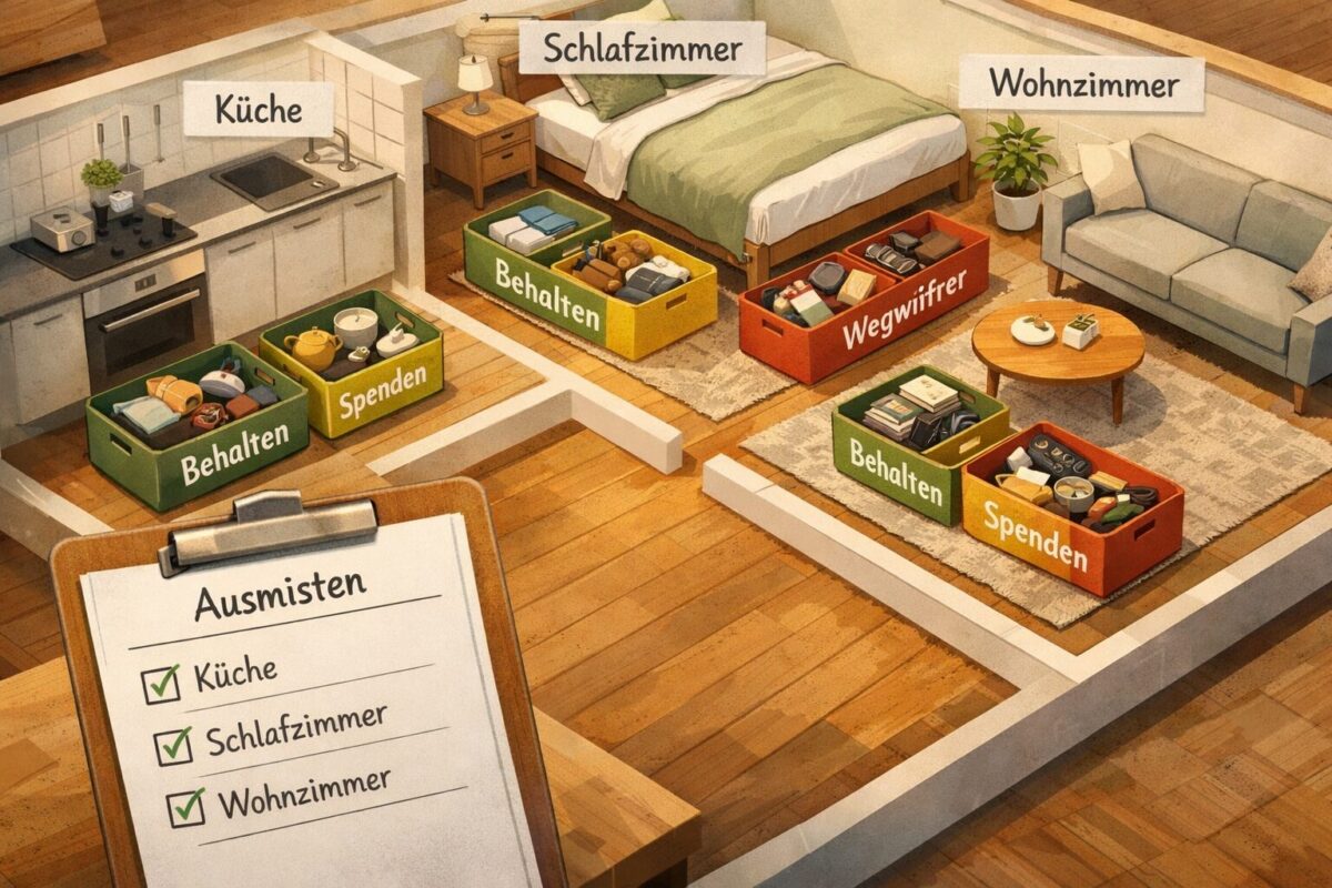 Ausmisten leicht gemacht: Schritt für Schritt zum aufgeräumten Zuhause 1 () editorial illustration showing a step-by-step Ausmisten process: a German home interior split into organized zones —