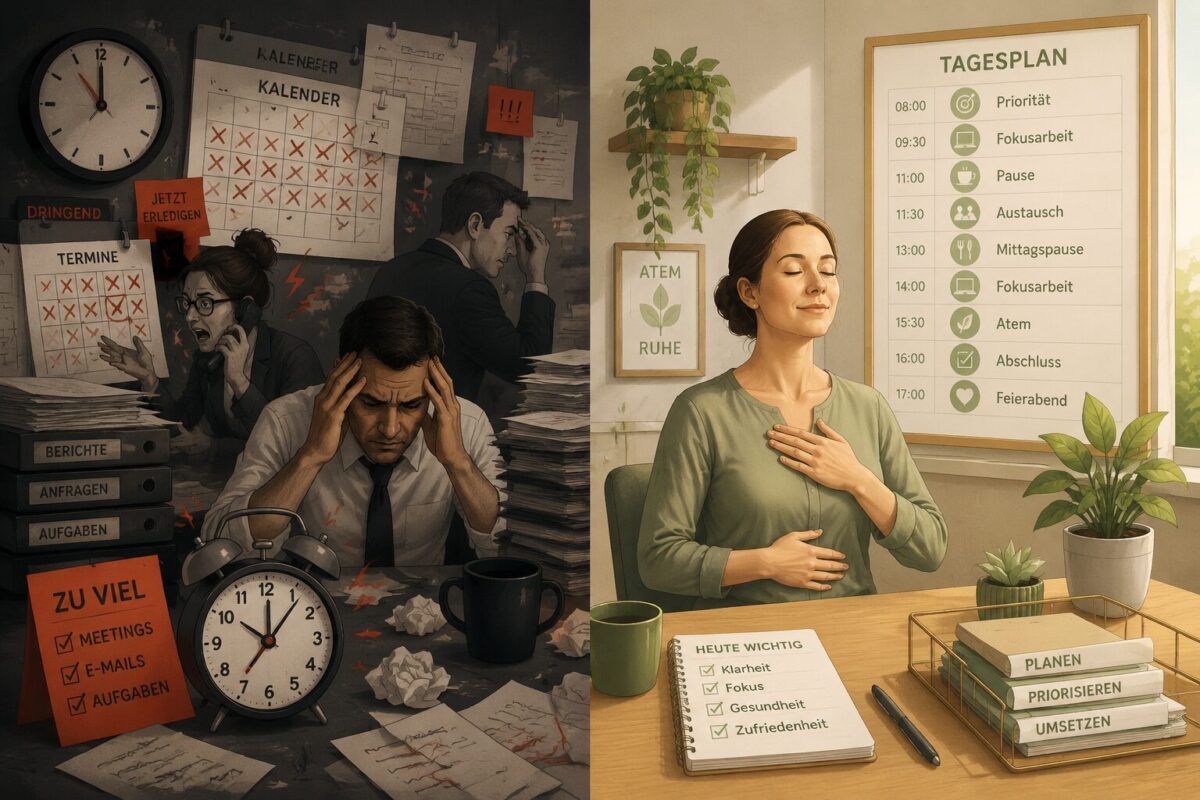 Wege aus der Stressfalle: Erprobte Strategien fĂŒr mehr Gelassenheit 1 () editorial infographic illustration showing a split-scene composition: left side depicts a chaotic, dark office