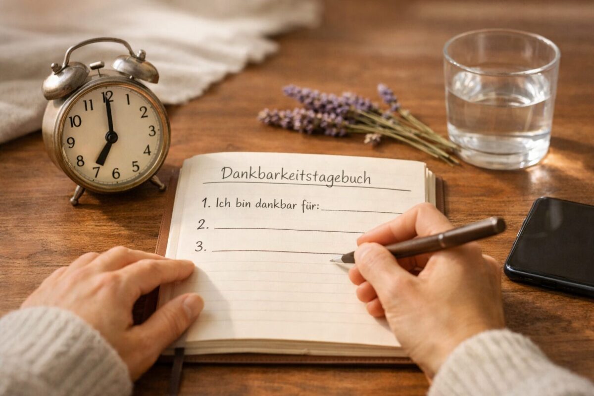 Achtsamkeit im Alltag: 10 kleine Rituale für mehr innere Ruhe 2 () editorial photo-realistic scene showing a close-up of hands writing in a gratitude journal on a wooden desk, a small