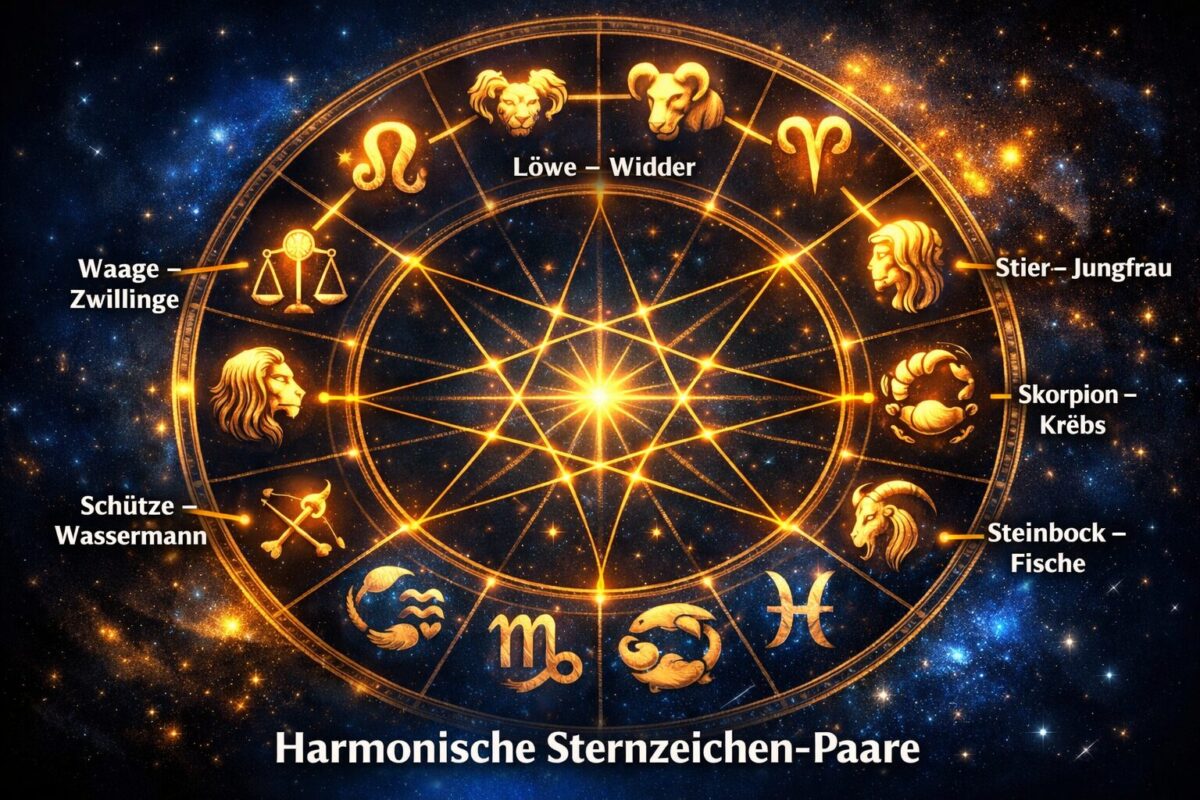 welche sternzeichen ziehen sich magisch an 1 () illustration showing a circular zodiac wheel with twelve astrological symbols arranged in a glowing ring, golden