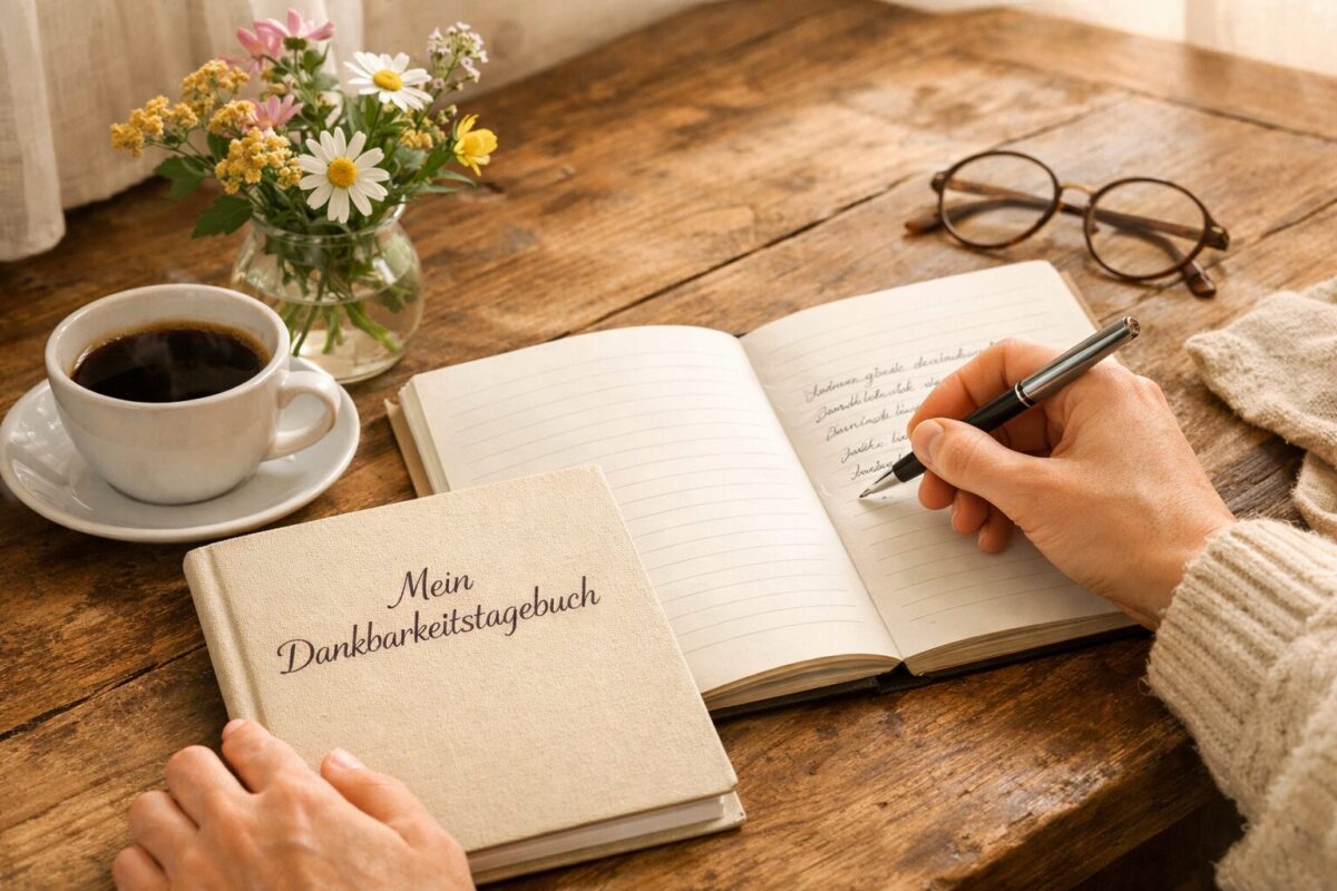 Dankbarkeit praktizieren: Wie kleine Momente deine Lebensfreude nachhaltig steigern 1 () illustration showing a person writing in a Dankbarkeitstagebuch at a wooden table with morning coffee, soft natural light