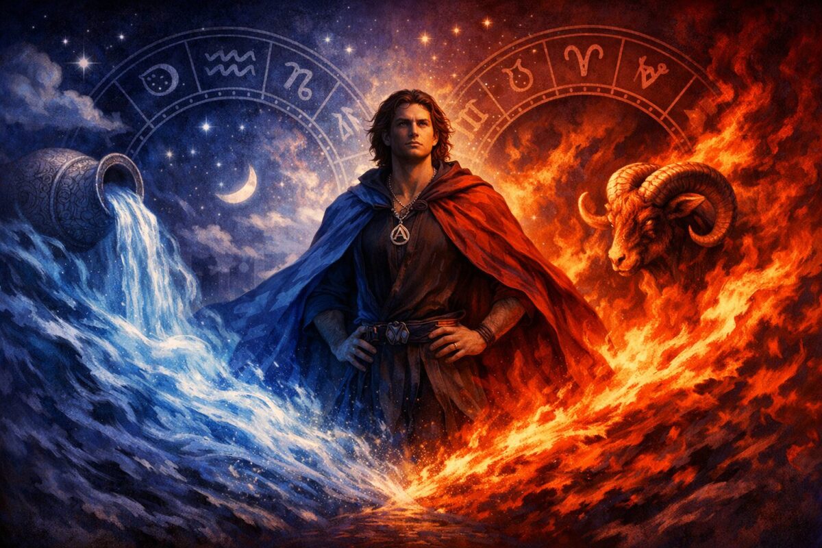 () illustration showing a symbolic portrait of a confident, visionary person standing at a crossroads of fire and air