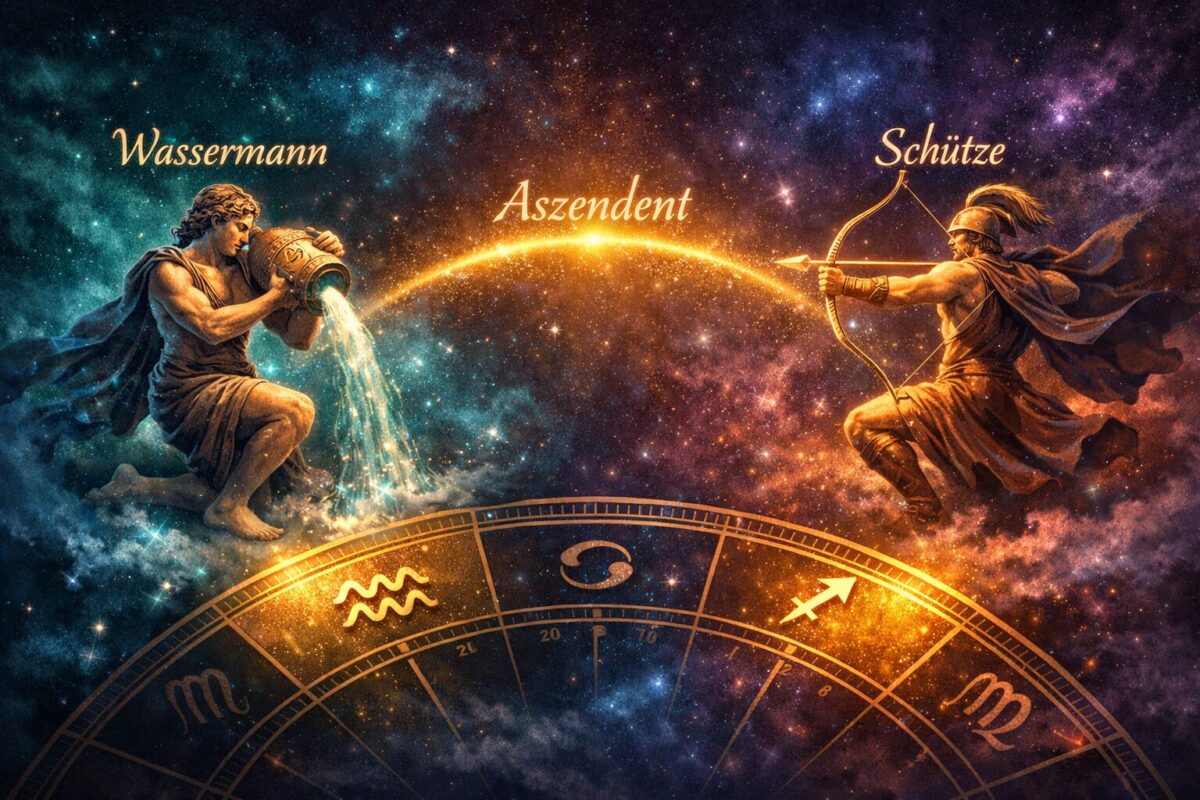 Sternzeichen Wassermann mit Aszendent Schütze 1 () illustration showing the Wassermann zodiac symbol (water-bearer pouring water) on the left and Schütze archer symbol on