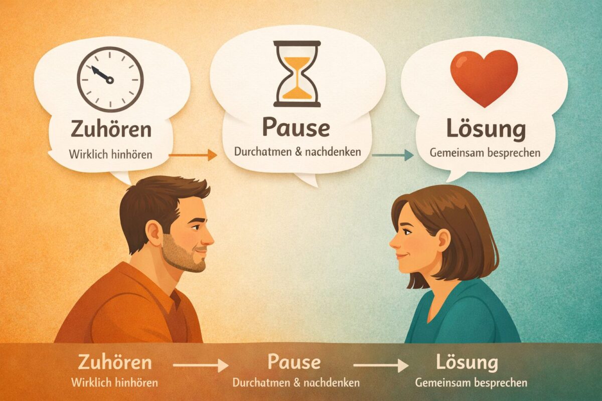 Konstruktiv streiten: So löst du Konflikte in der Partnerschaft 1 () illustration showing two people facing each other with speech bubbles containing calm, structured dialogue icons — a