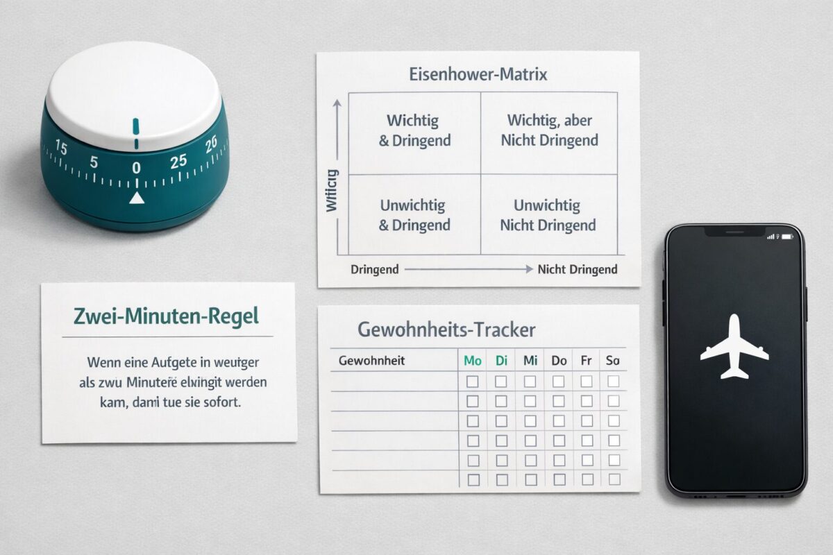Prokrastination überwinden: Die besten Techniken gegen ständiges Aufschieben 2 () infographic-style illustration of a minimalist productivity toolkit laid flat on a light gray surface: a Pomodoro timer,