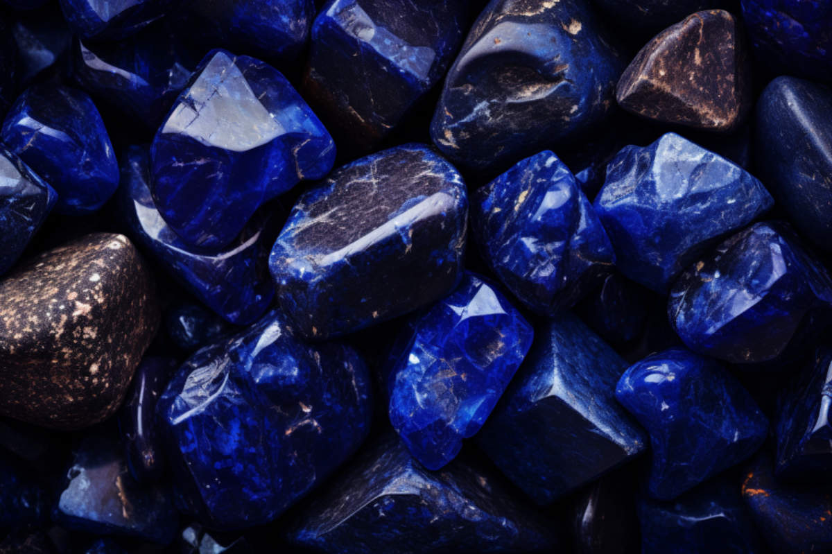 Das Bild zeigt eine Ansammlung von polierten blauen und braunen Edelsteinen, die nebeneinander liegen.