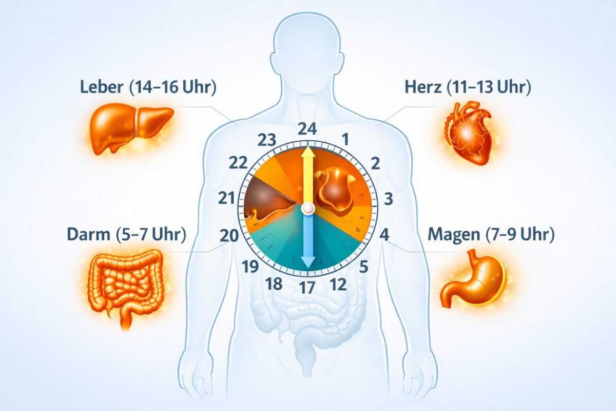 () scientific illustration showing a detailed human body outline with glowing circadian rhythm clock overlaid on major