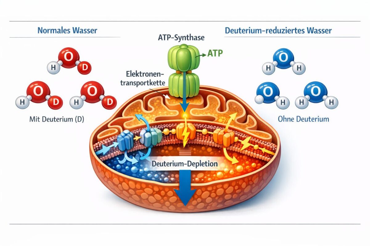 Deuterium-reduziertes Wasser: Extremes Biohacking für optimale Mitochondrien-Funktion? 1 () scientific infographic illustration showing a cross-section of a human mitochondrion with labeled German text