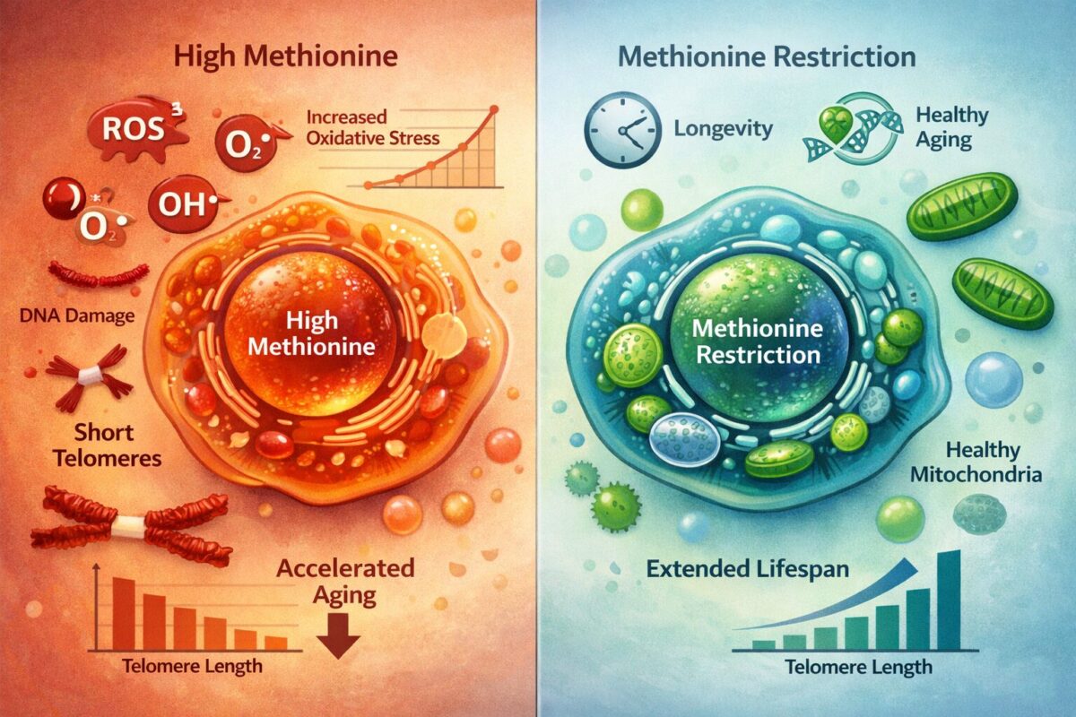 Methionin-Restriktion: Warum bestimmte Aminosäuren den Alterungsprozess triggern 1 () scientific infographic illustration showing a split-panel comparison: left side depicts a cell with high methionine